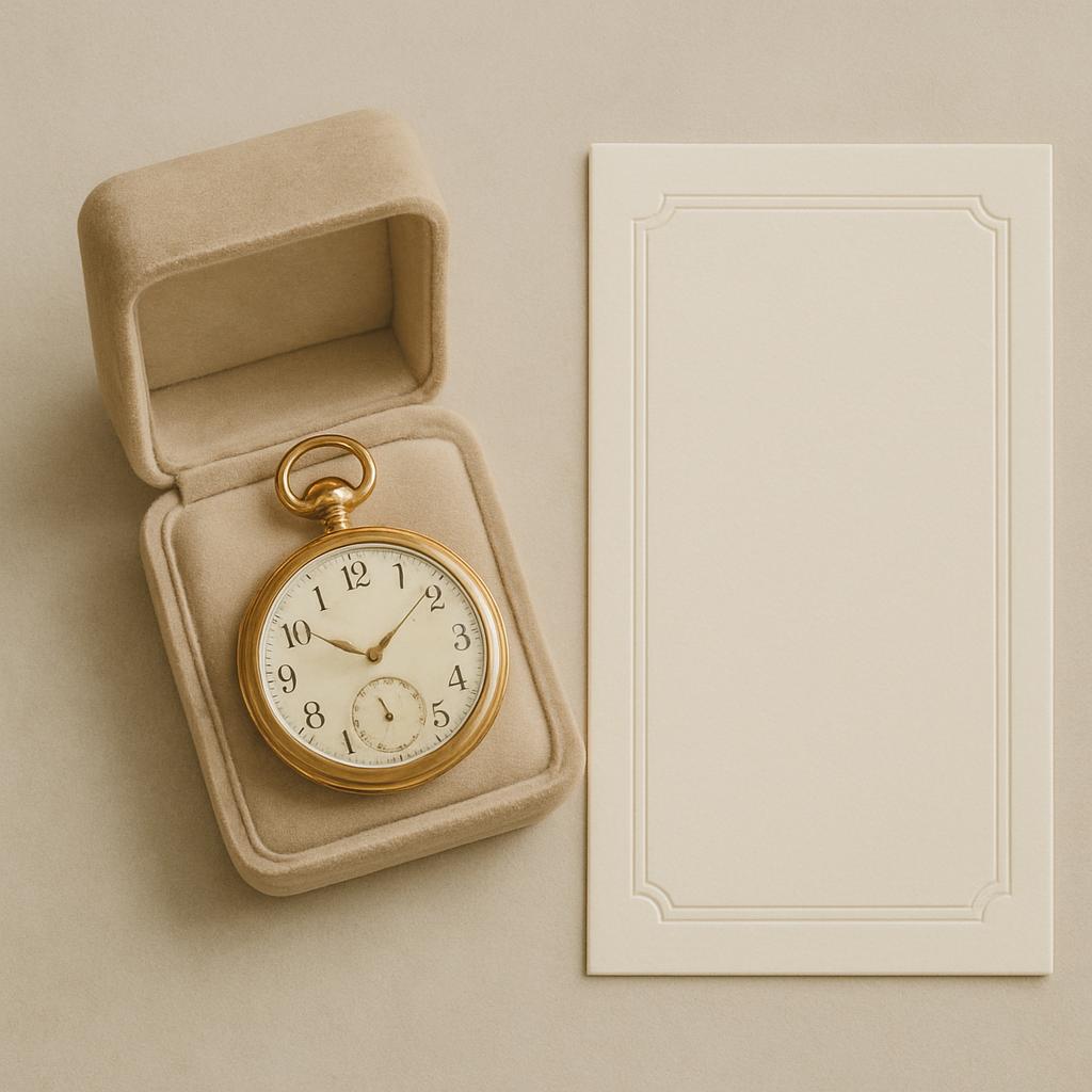 1970s-era gold pocket watch in open & velvet-fitted jewellery box; ivory-coloured card sitting on cream surface.