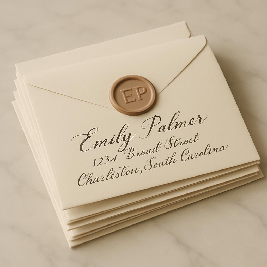 [Image description: A stack of off-white envelope cards with the name "Emily Palmer" in decorative text and an address bel...