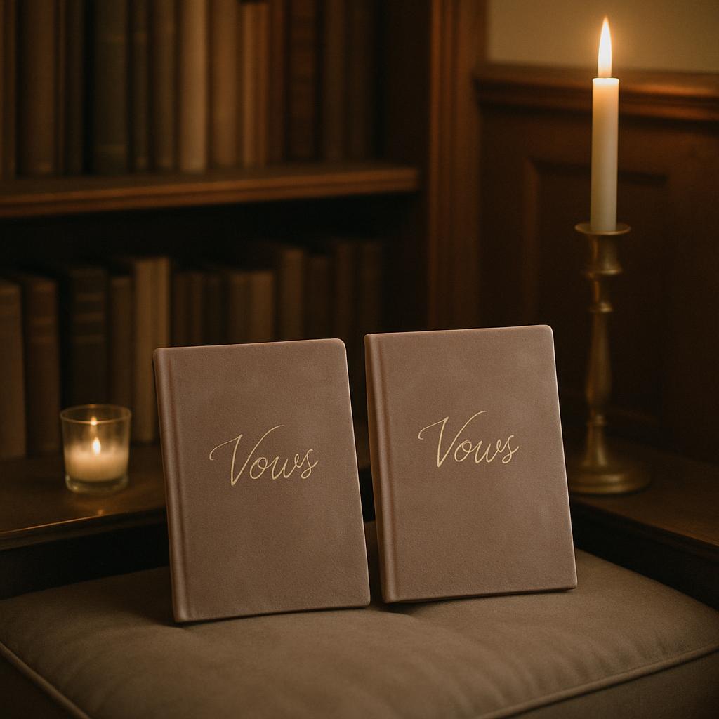 Two custom-engraved or custom-designed books on velvet on a sitting bench. A candle is to the right. More candles are behi...