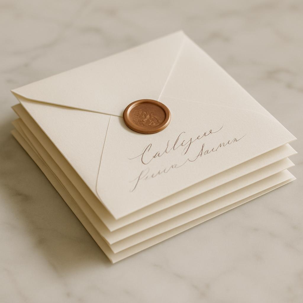 An off white wedding invitation sits atop a marble countertop. The card is partially folded into an envelope to reveal a r...