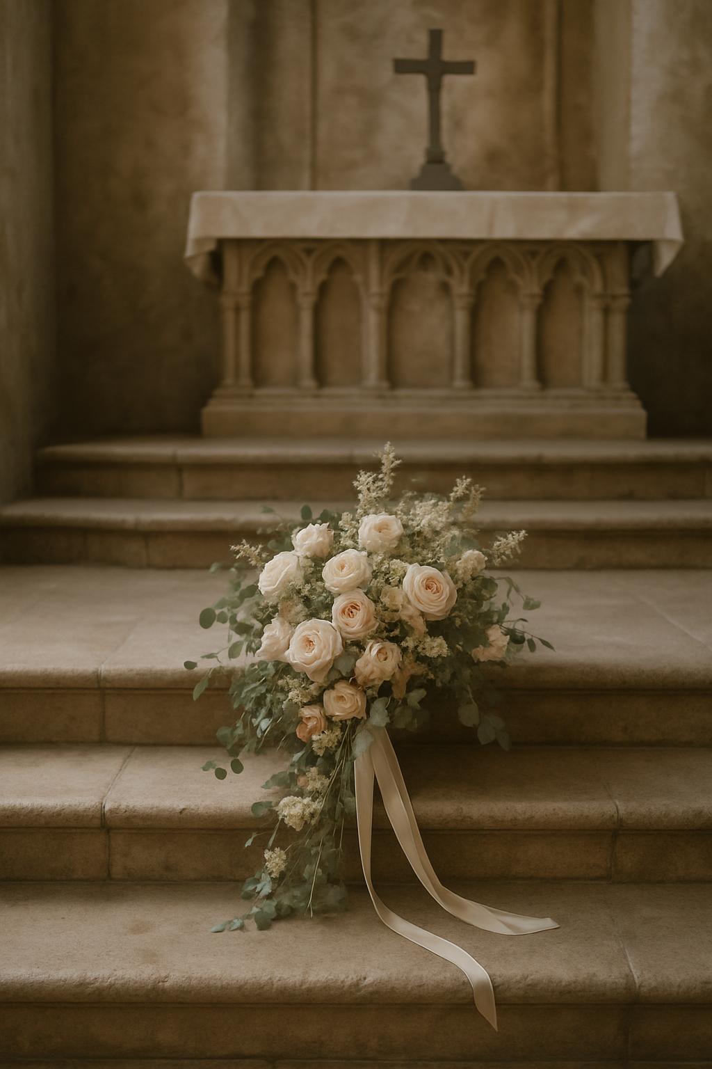 A bouquet of elegant white and pink roses rests gracefully on stone stairs, lending a sense of serenity to the entrance to...