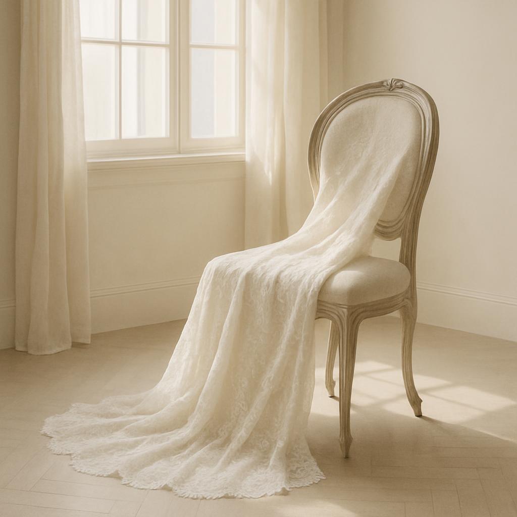 An off-white, antique-style chair is situated in a corner of a room, with a long piece of white lace draped over the backr...